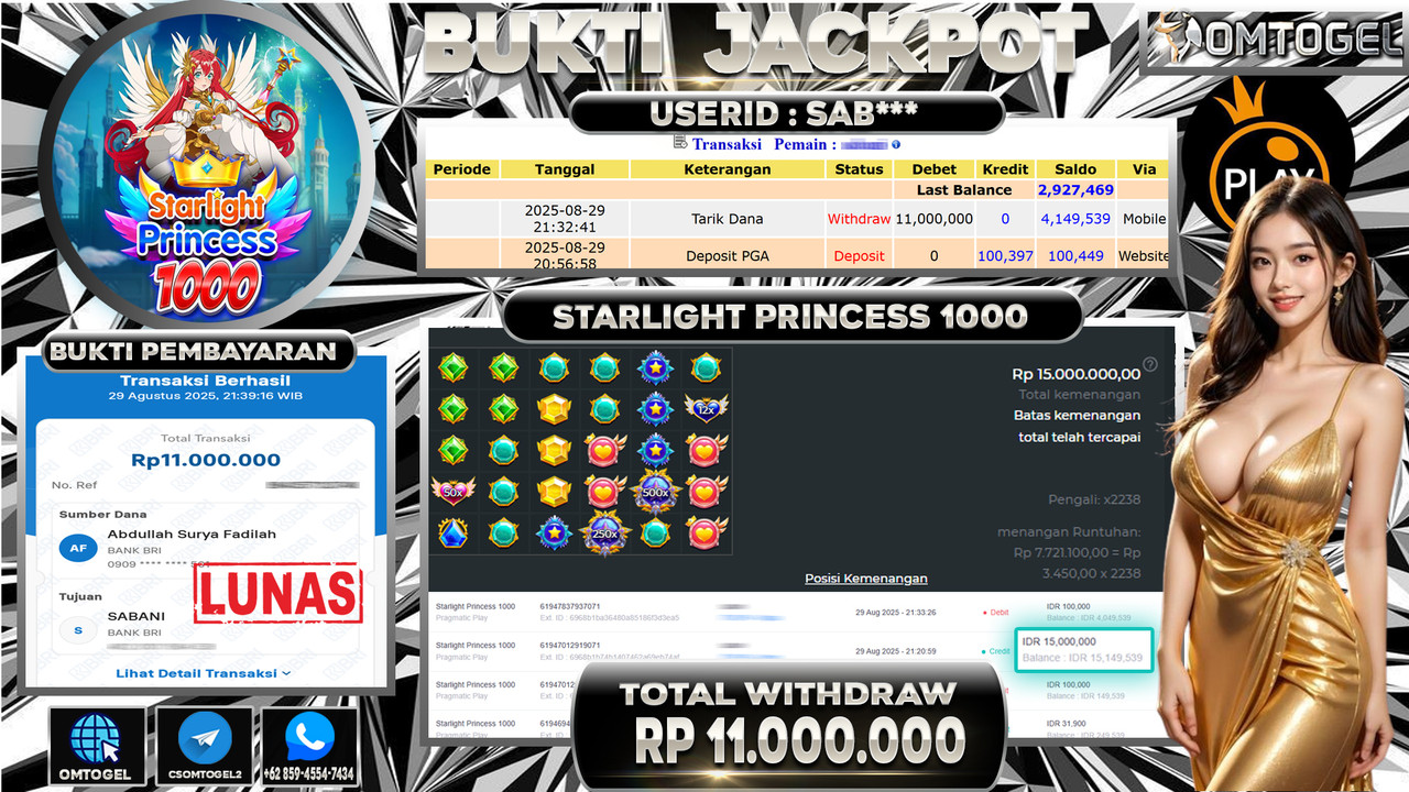 OMTOGEL JACKPOT PRAGMATIC PLAY STARLIGHT PRINCESS 1000 11 JUTA DI BAYAR LUNAS ,-