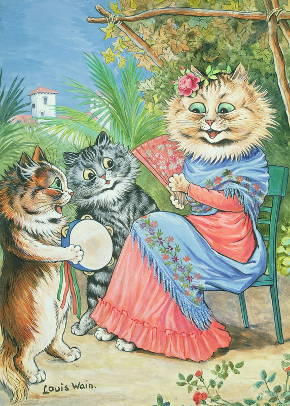 Louis-Wain-Mother-cat-with-fan-and-two-kittens-Meister-Drucke-211997