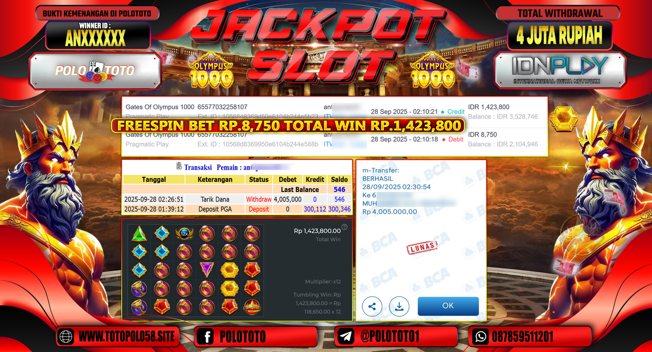 POLOTOTO JACKPOT SLOT GATES OF OLYMPUS 1000 Rp.4.000.000,- LUNAS