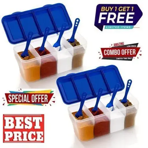 4 in 1 Multipurpose 4 Section Kitchen, Fridge Storage Airtight Container Set for Vegetables, Dryfruits, Spices, Groceries, and Pickles with 4 Spoons Storage Set 1800 ml- (Blue, Pack of 2) (R509)