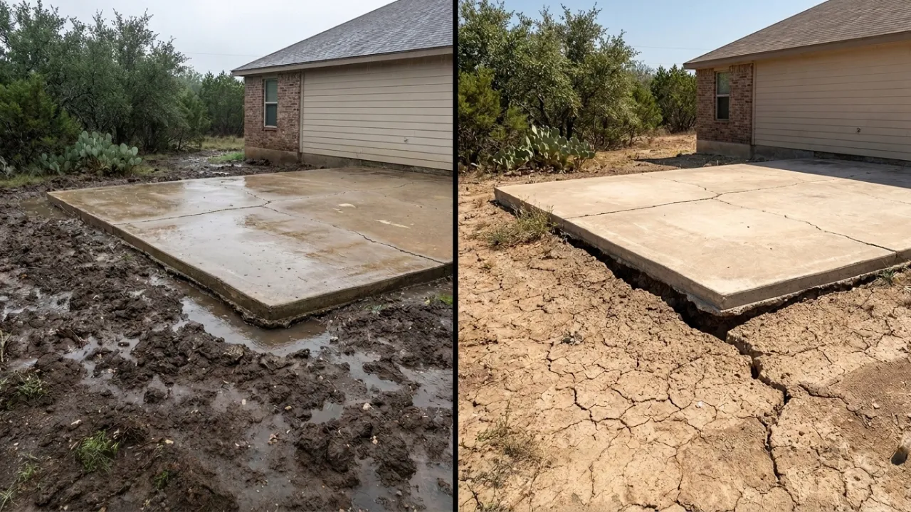 Cracked and heaved concrete patio slab in San Antonio, TX caused by expansive clay soil movement — one panel raised higher than the other after the base dried out and shifted during a Texas summer drought