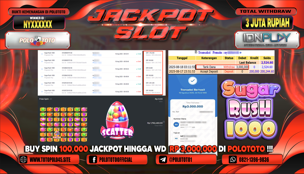 POLOTOTO JACKPOT SLOT SUGAR RUSH 1000 Rp.3.000.000,-