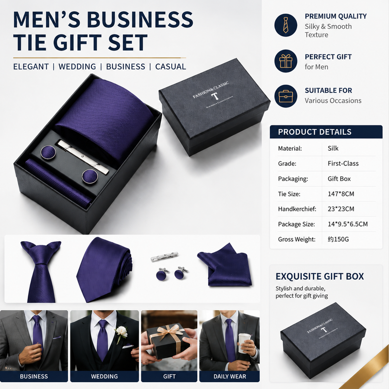 HB376 Purple Premium Men's 4-Piece Formal Tie Set - Necktie, Pocket Square, Cufflinks, and Tie Clip in a Luxury Gift Box