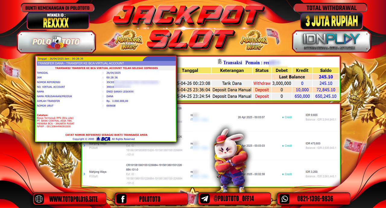 POLOTOTO JACKPOT SLOT MAHJONG WAYS Rp.3.000.000,-