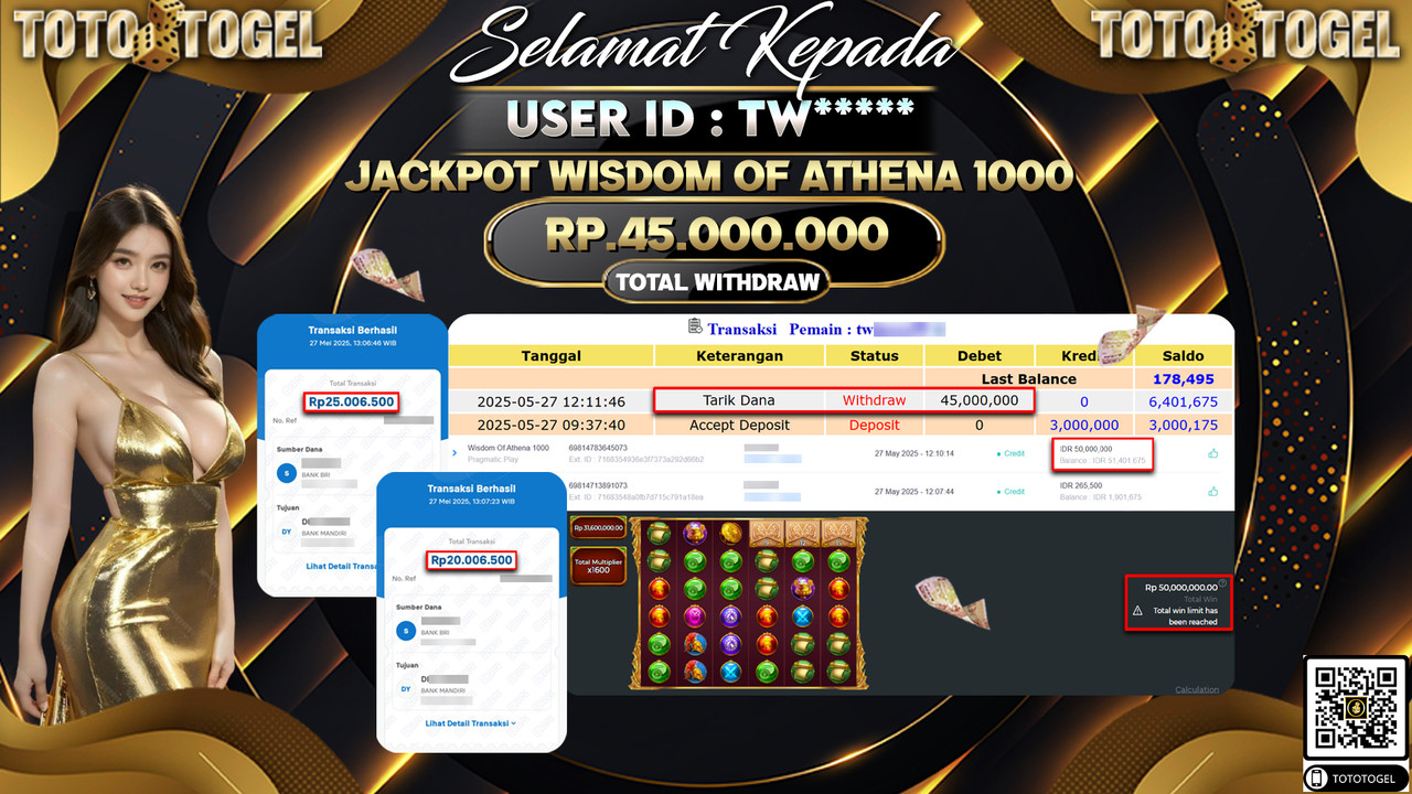 Bukti Pembayaran Jackpot Permainan Slot Wisdom Of Athena 1000 ID:TW***** LUNAS