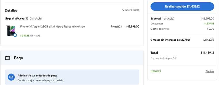 Walmart: iPhone 14 Reacondicionado | Precio con CITIBANAMEX a 9 MSI