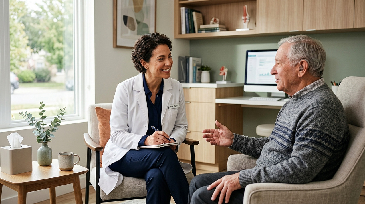 Neurologist in conversation with patient about cognitive health