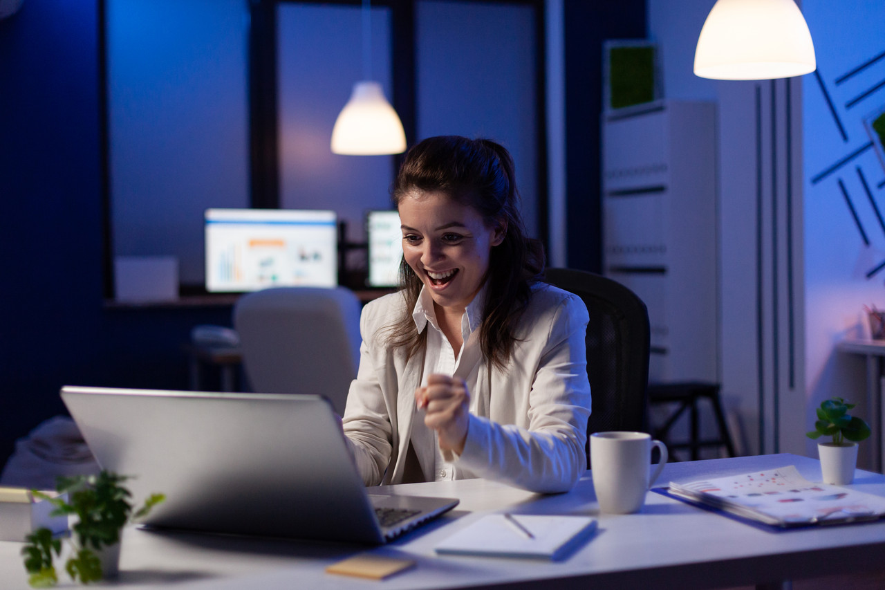 business woman looking professional laptop working marketing graphs project