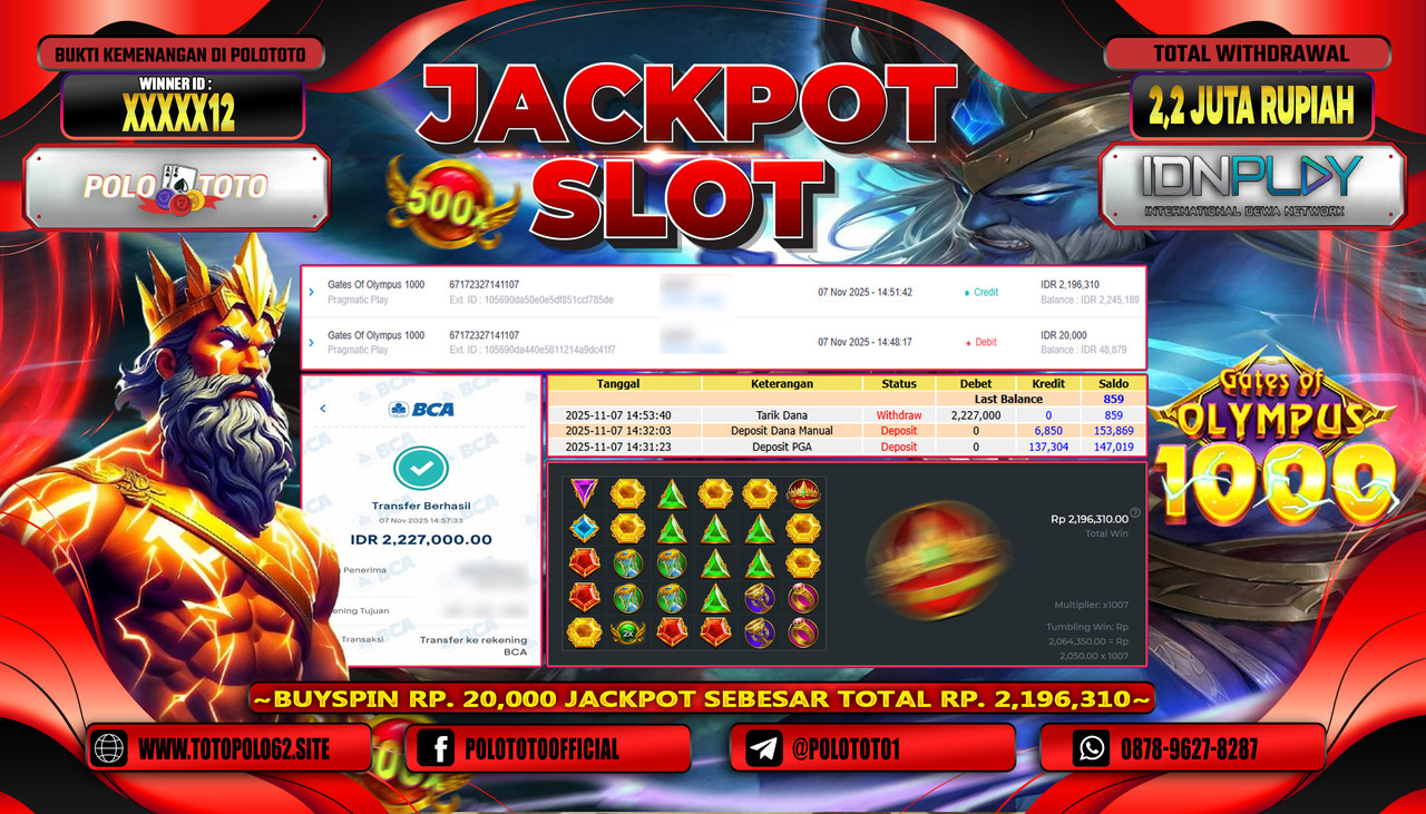 POLOTOTO JACKPOT SLOT GATES OF OLYMPUS 1000 Rp.2.200.000,- LUNAS