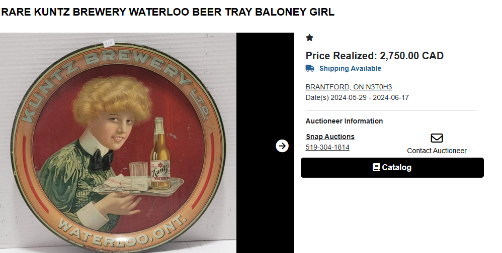 RARE KUNTZ BREWERY WATERLOO BEER TRAY BALONEY GIRL