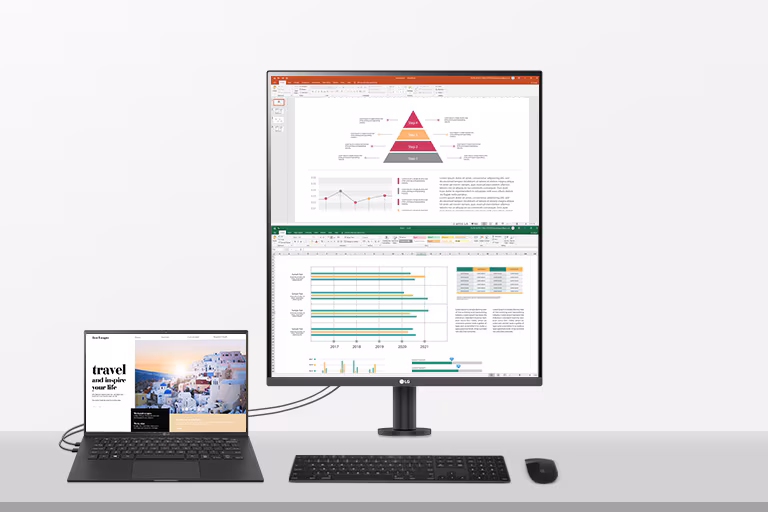 Monitor LG DualUp Ergo 28MQ780-B exibindo duas fontes de vídeo