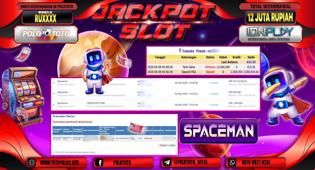 POLOTOTO JACKPOT SLOT SPACEMAN Rp.12.000.000,-