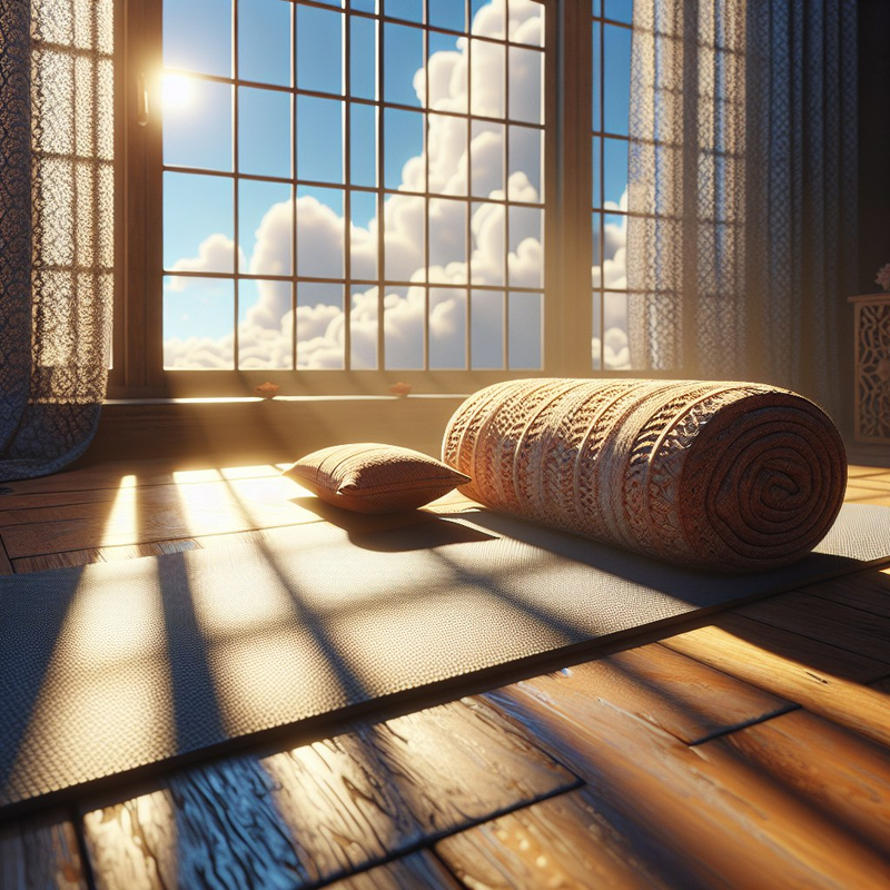 A yoga mat and meditation cushion lying on the floor next to a sunny window.