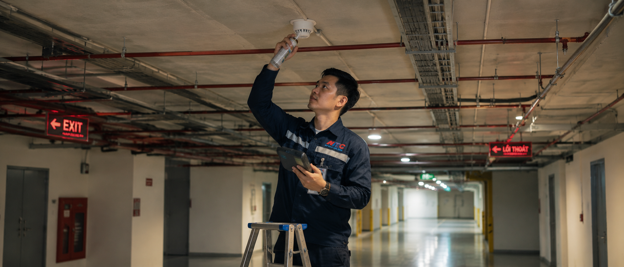 Kỹ sư NTC kiểm tra hồ sơ nghiệm thu và tình trạng vận hành hệ thống báo cháy