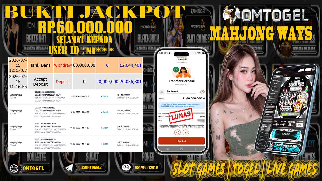 OMTOGEL JACKPOT PG SOFT MAHJONG WAYS Rp.60,000,000,- DIBAYAR LUNAS
