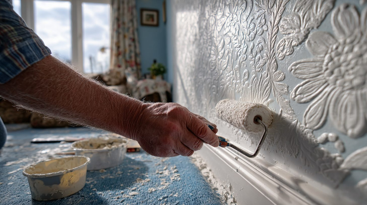 Процесс поклейки новых обоев на подготовленную стену