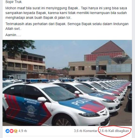 Unggahan Iman Handoko telah dibagikan sebanyak 2.600 kali di facebook