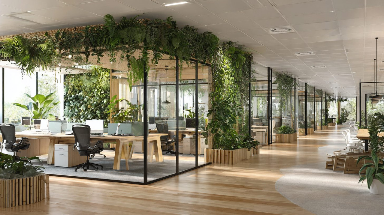Экологичные стеклянные перегородки в офисе с зелеными элементами
