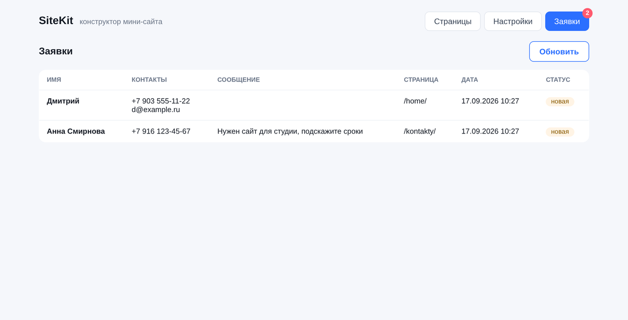 Журнал заявок в админке