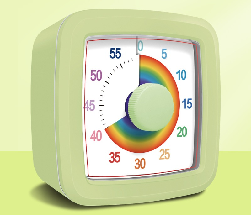 Green Visual timer for kitchen – a 60-minute rainbow countdown timer, silent operation, suitable for cooking, studying, and everyday tasks. Battery powered (batteries not included), made of ABS plastic