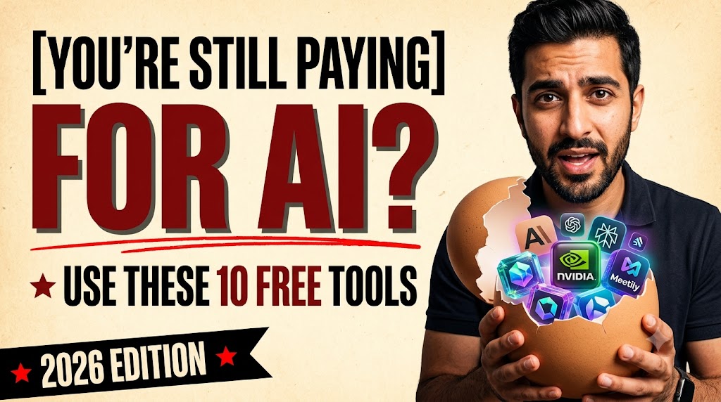 AI-generated example result for the youtube-thumbnail prompt: You're Still Paying For AI? Thumbnail – 10 Free AI Tools 2026 Edition AI YouTube Thumbnail Prompt