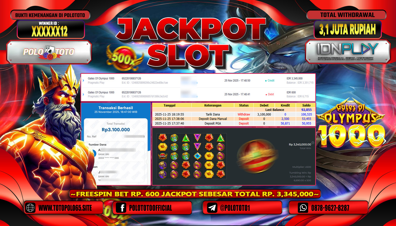 POLOTOTO JACKPOT SLOT GATES OF OLYMPUS 1000 Rp.3.100.000,- LUNAS