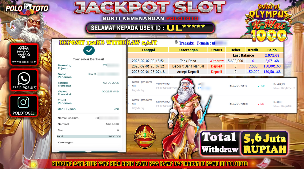 POLOTOTO JACKPOT SLOT GATES OF OLYMPUS XMAS 1000 Rp.5,600.000,-