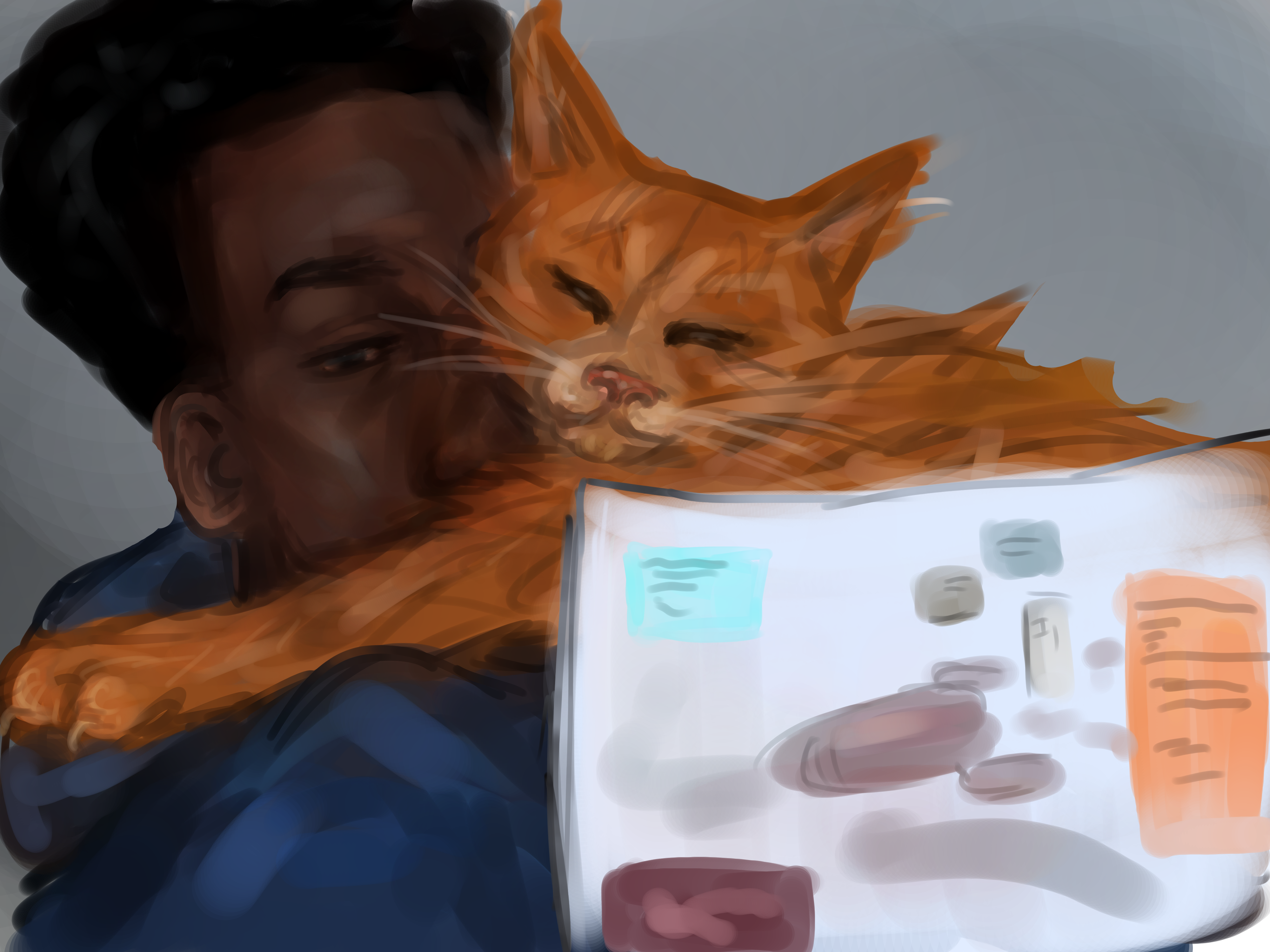 An image by homosekularnost of Murderbot with a cat snuggling up against its face. Murderbot is a dark-skinned person with short, curly dark hair. It is wearing a blue hoodie and looking at something in the feed, visualized by a white 'screen' with blue, red, orange, and brown rectangles with writing on them. It doesn't seem particularly bothered by the cat pressed against its head. The cat is orange and fluffy, and looks very content.
