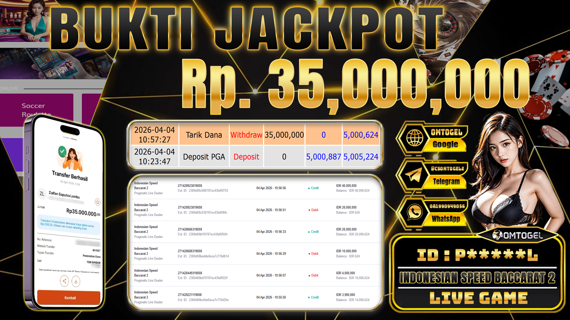 OMTOGEL JACKPOT PRAGMATIC LIVE DEALER INDONESIA SPEED BACCARAT 2 ,35 JUTA DI BAYAR LUNAS ,-
