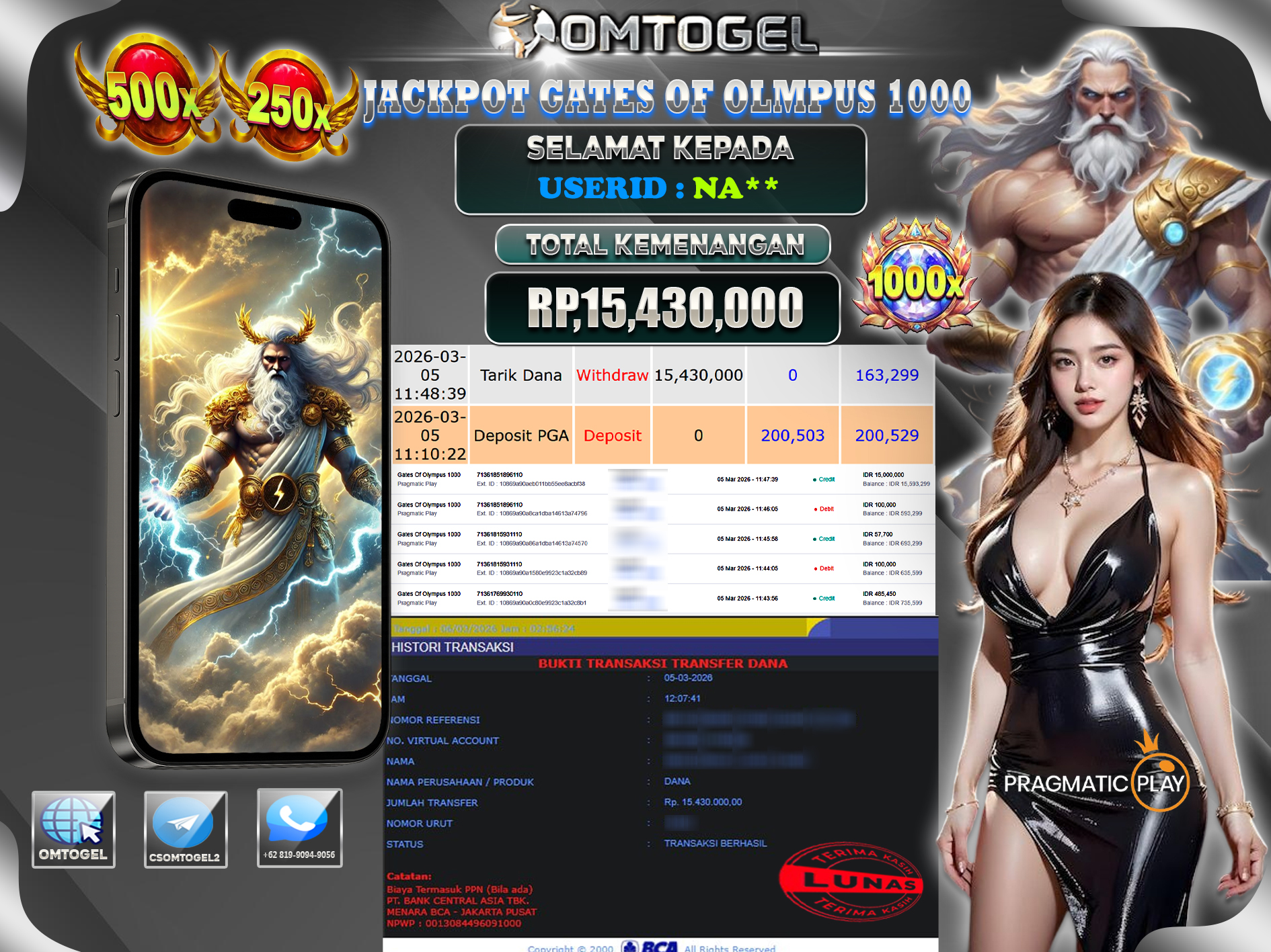 OMTOGEL JACKPOT PRAGMATIC PLAY GATES of OLYMPUS 1000, 15 JUTA DI BAYAR LUNAS ,-