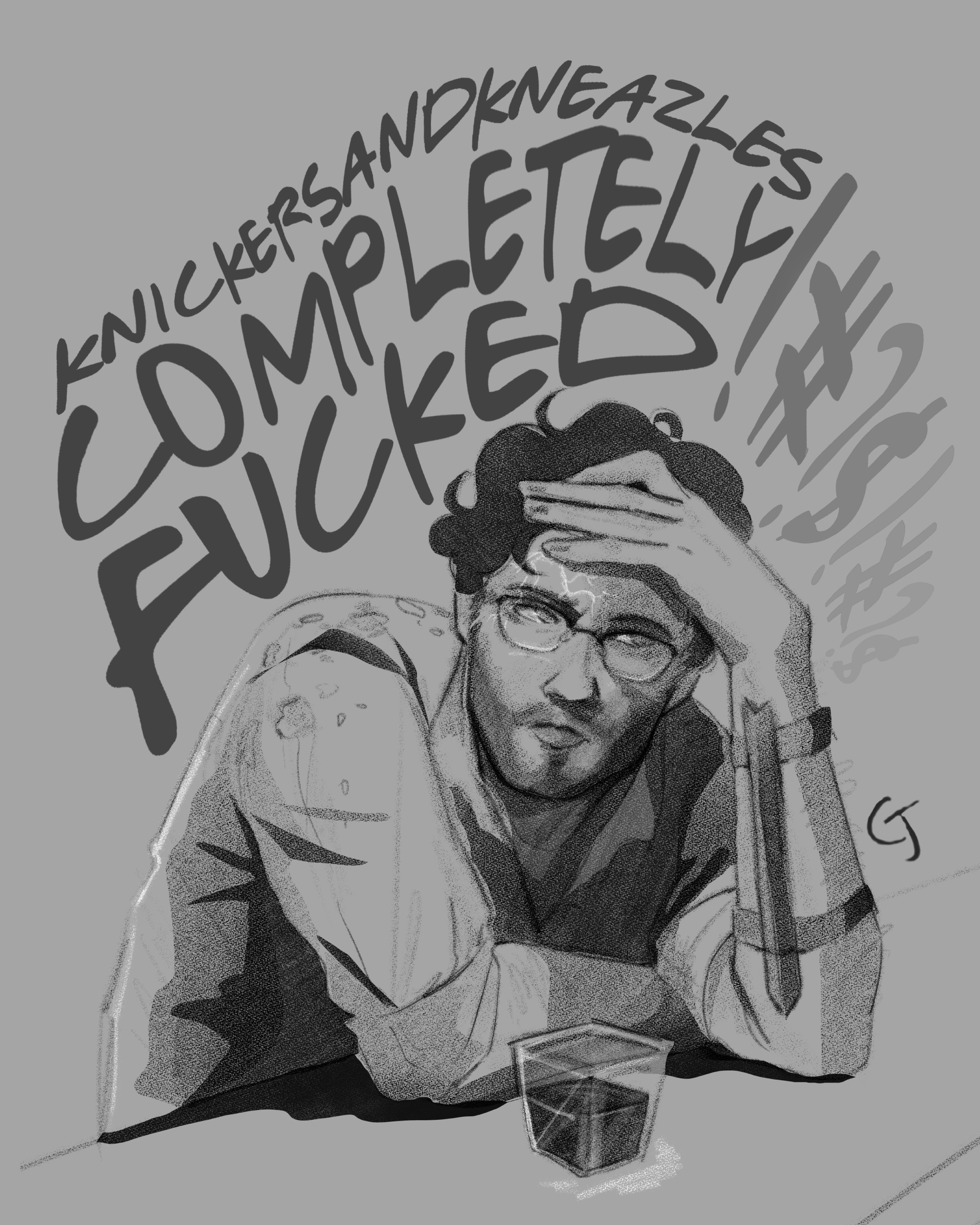 An sketched illustration of a frazzled Harry drinking Firewhisky drawn by charlijacobs.