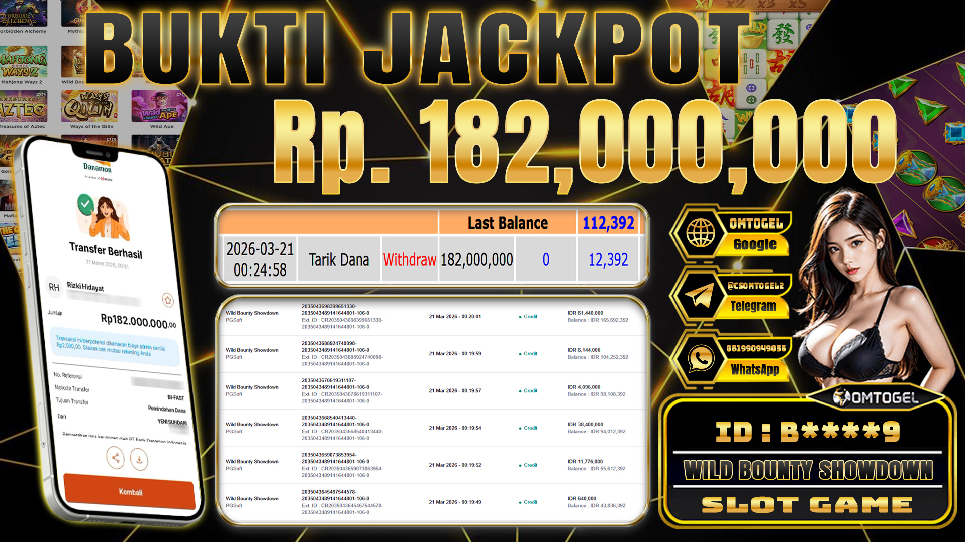 OMTOGEL JACKPOT PG SOFT WILD BOUNTY SHOWDOWN, 182 JUTA DI BAYAR LUNAS ,-