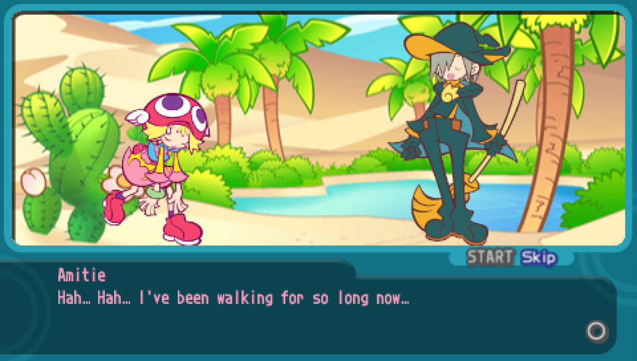 A screenshot from Amitie's WakuWaku route. Amitie is looking exhausted saying, "Hah... Hah... I've been walking for so long now..." Meanwhile, Lemres is on the right, looking happy, for some reason.