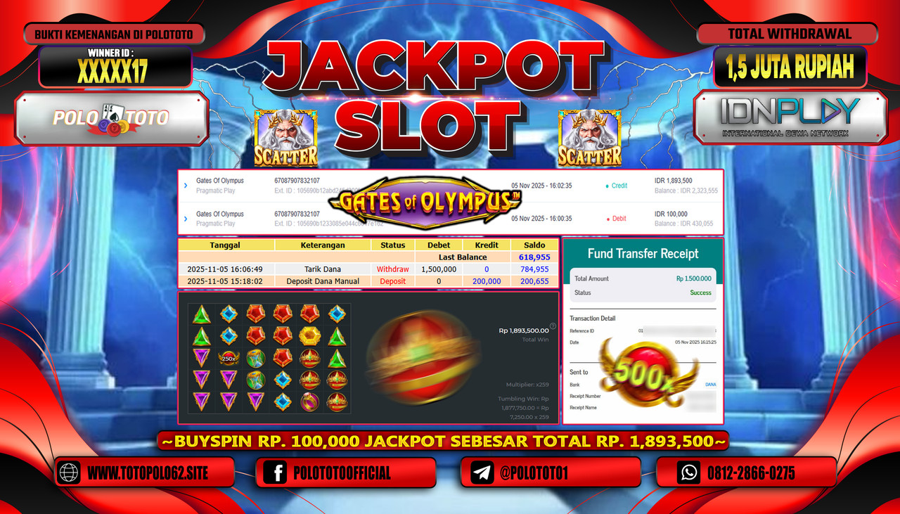 POLOTOTO JACKPOT SLOT GATES OF OLYMPUS Rp.1.500.000,- LUNAS