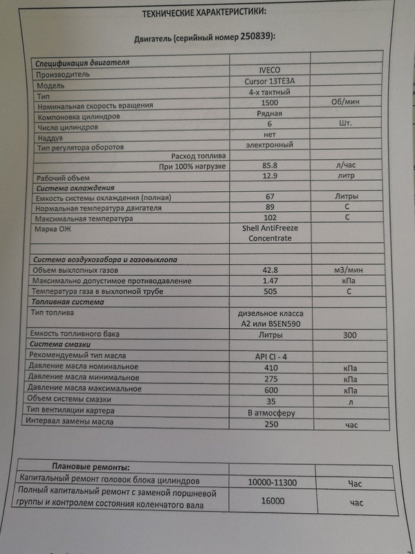 Паспорт Iveco cursor  13TE3A