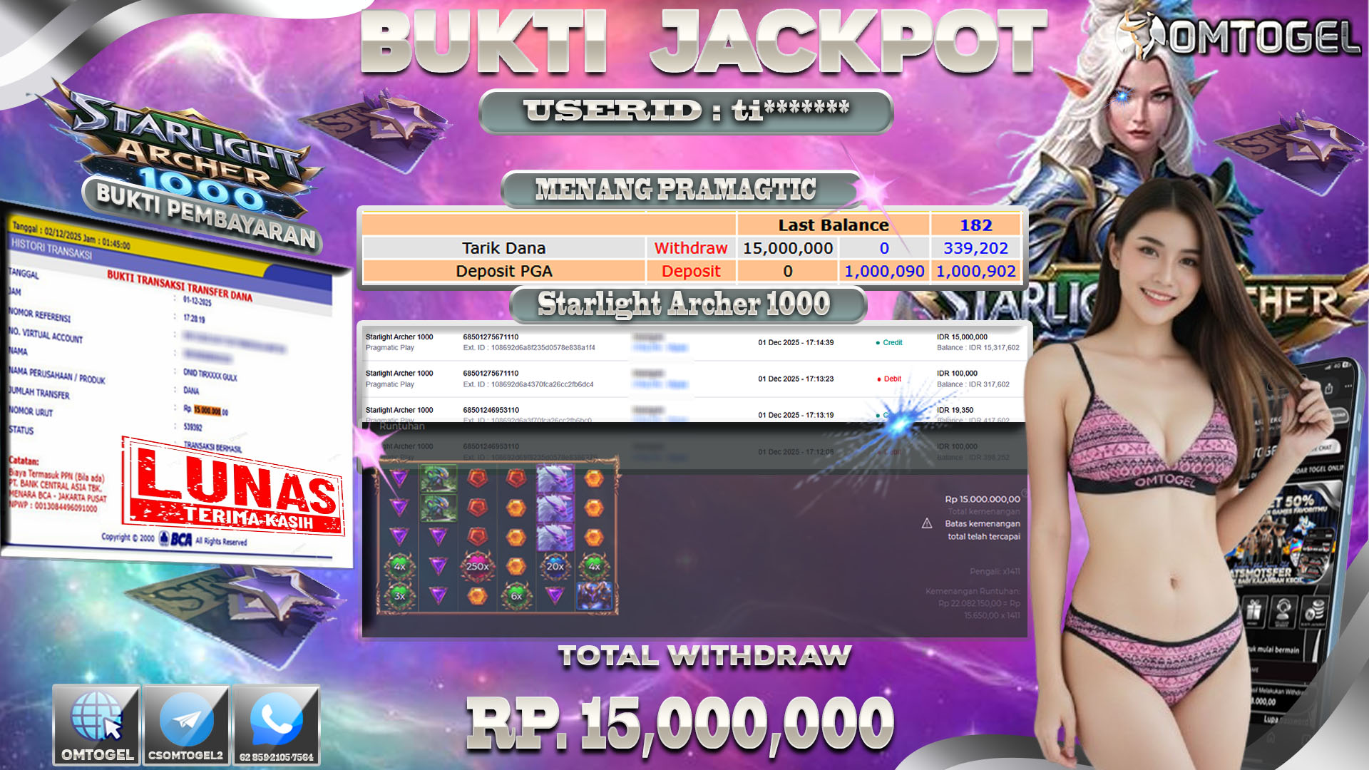 OMTOGEL JACKPOT PRAGMATIC PLAY STARLIGHT ARCHER 1000  ,15 JUTA DI BAYAR LUNAS ,-