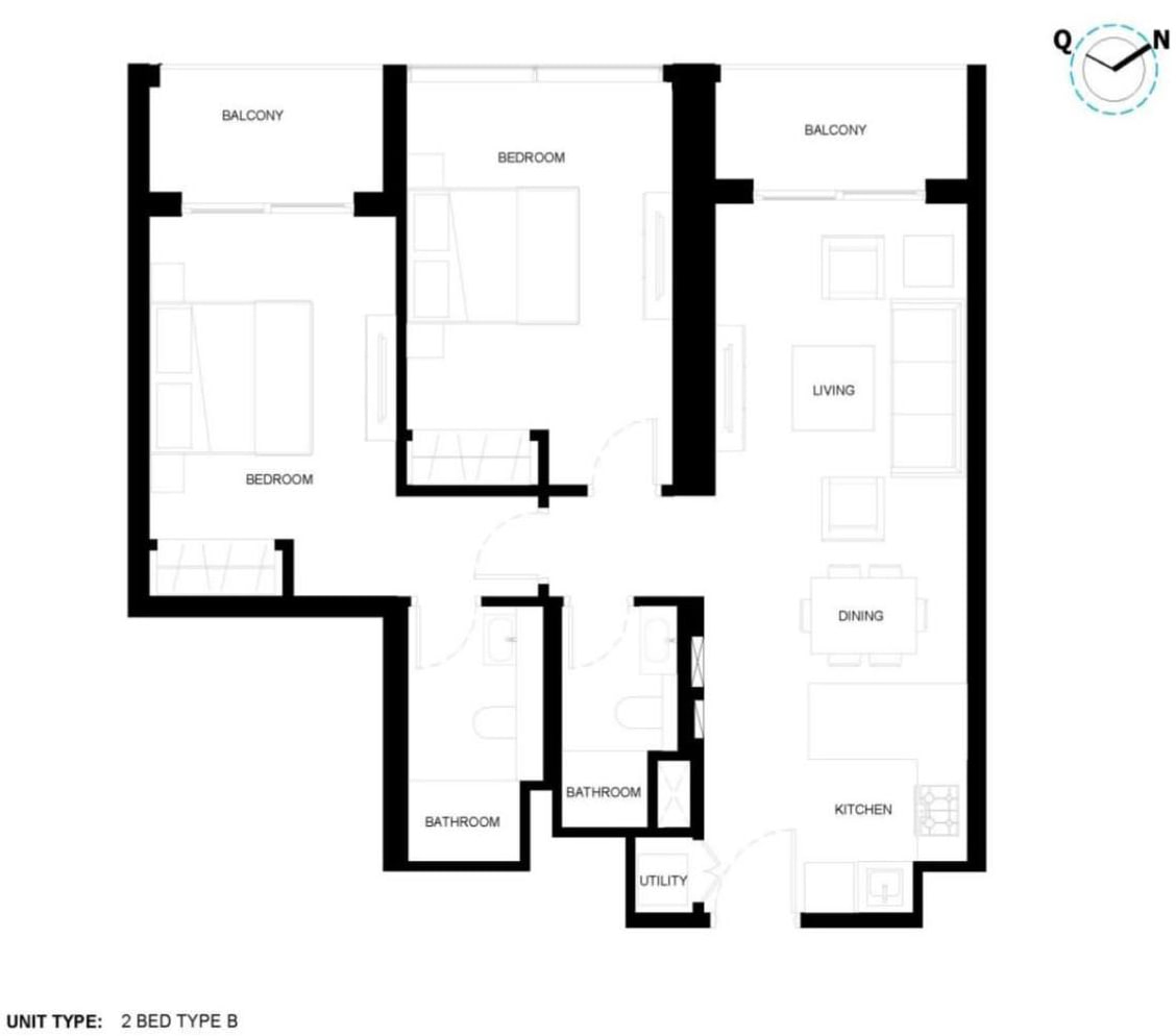 Keyplan and unit layout for a 2-BR apartment in Sobha Creek Vistas Heights - Tower A showing room distribution, balcony placement and internal configuration as part of a Distress Deal opportunity in Sobha Hartland