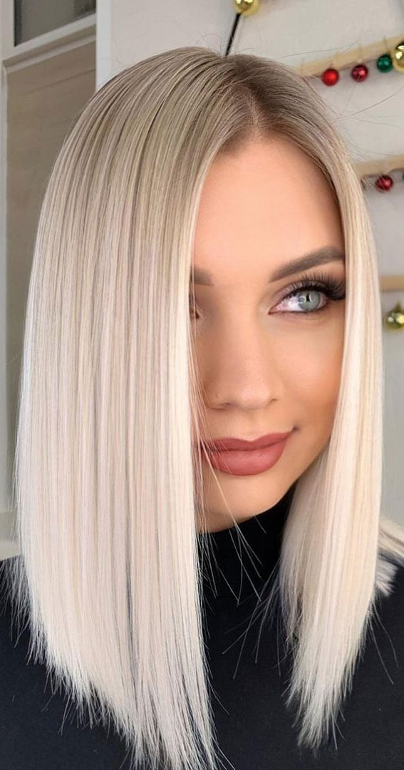 Shoulder length straight platinum blonde hair