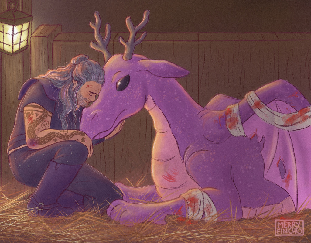 A digital painting of Ed, knelt by the side of a dragon with shimmering purple scales. The dragon has visible injuries on her foreleg and wings, which are bloodied and bandaged. Ed is pressing his forehead to her muzzle, a sad expression on his face.
