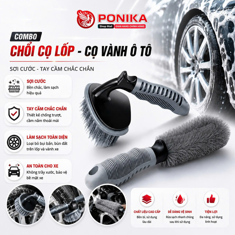 Bộ Chổi Vệ Sinh Vành Lốp Xe Hơi PONIKA