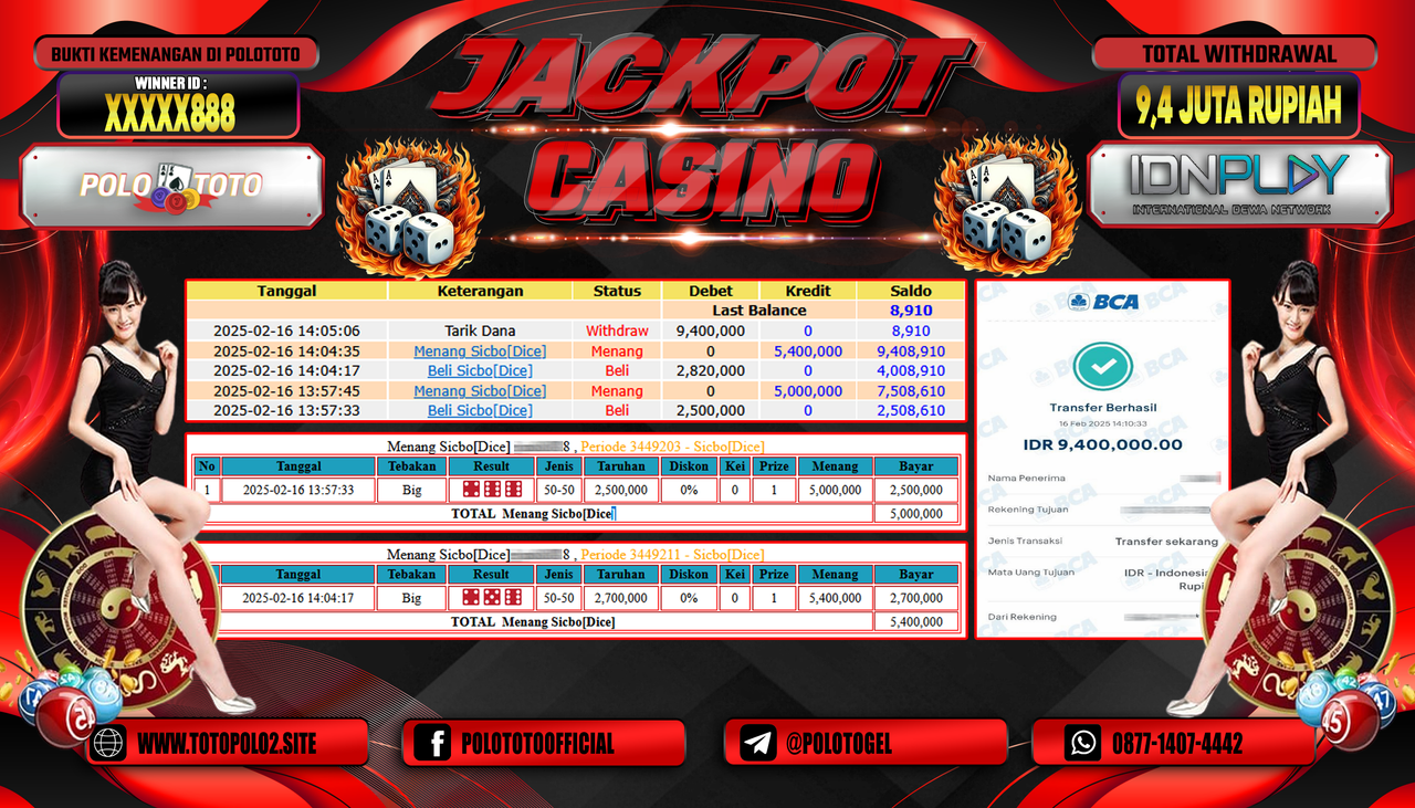 POLOTOTO JACKPOT LIVE CASINO SICBO DICE  Rp.9.400.000,-