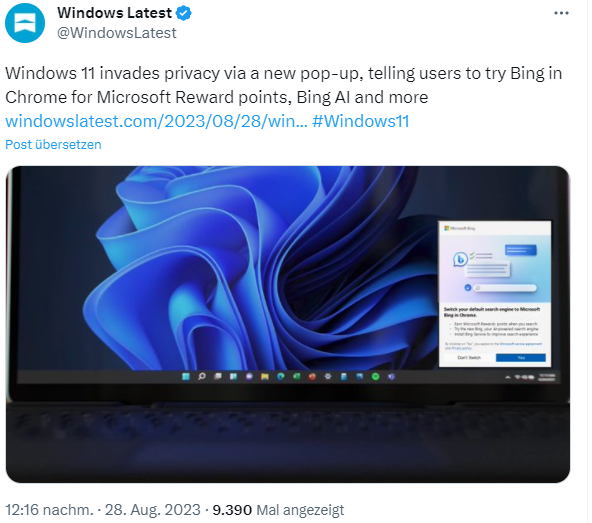 Windows 11: Bing-Werbung für Chrome-Nutzer