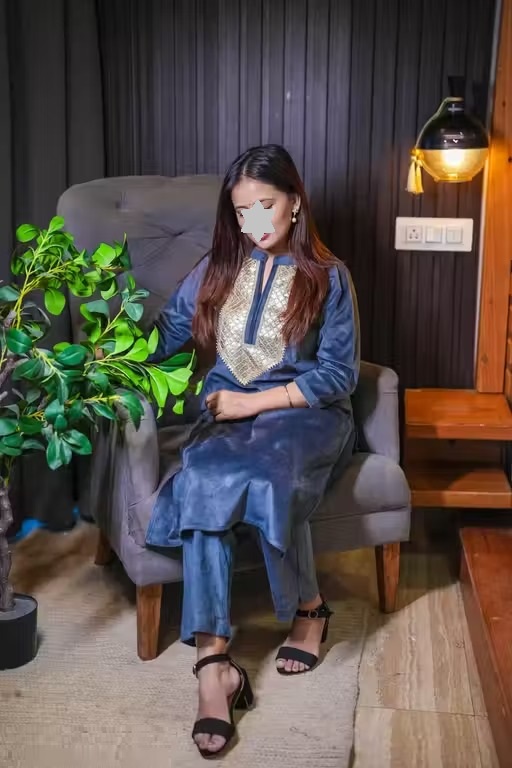 Women's Woolen Velvet Kurta and Pant Set | Winter Wear | Warm Velvet Ethnic Outfit | V-Neck Embroidery Lace Work Design | Grey Color Color 4 (KS129)