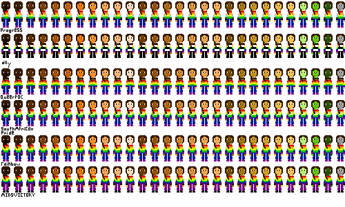 a row of people with pride flag shirts and dark brown hair