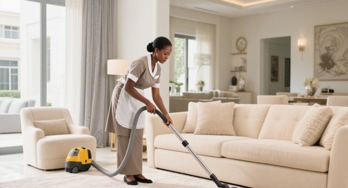 Ugandan housemaid working inside a modern house