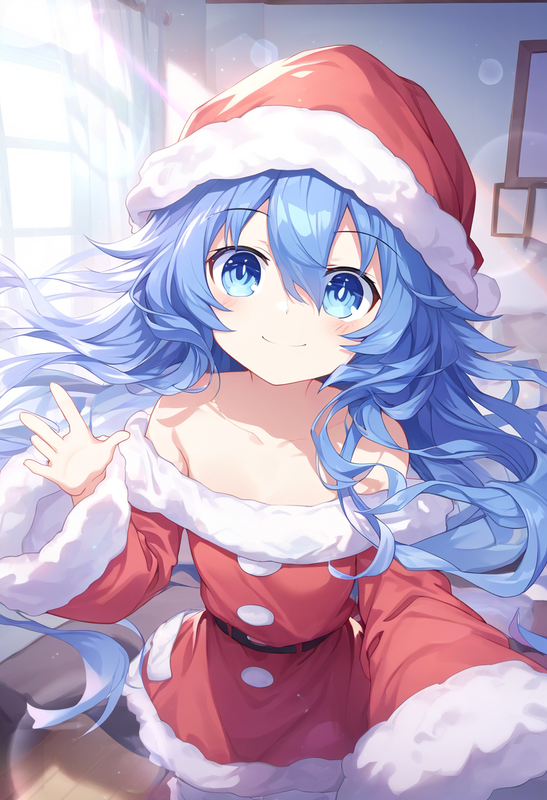 1girl, yoshino (date a live), blue eyes, blue hair, flat chest,  {{santa costume s-679258922