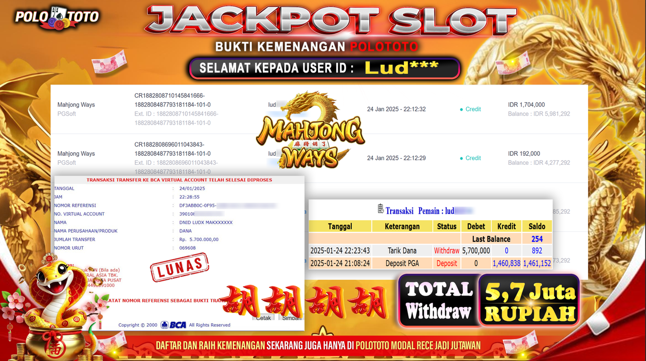 POLOTOTO JACKPOT SLOT MAHJONG WAYS Rp.5,700.000,-