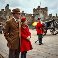 Sam Corsair and Jane beside the One O’Clock Gun at Edinburgh Castle