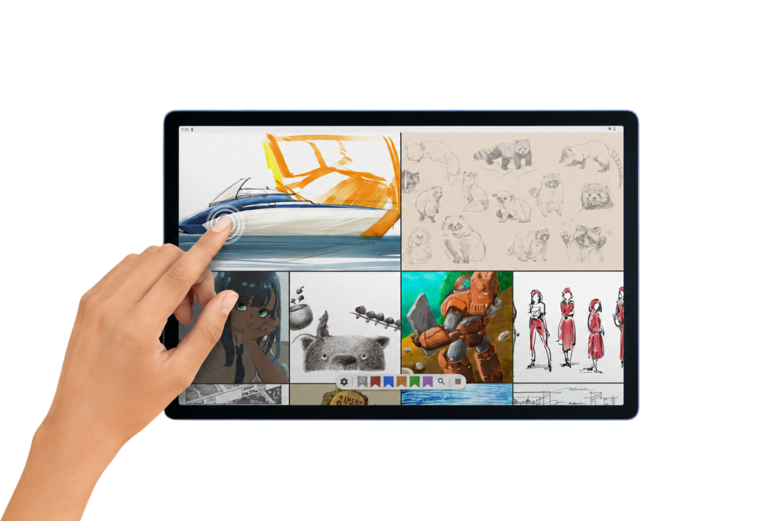 Mão tocando tablet com galeria