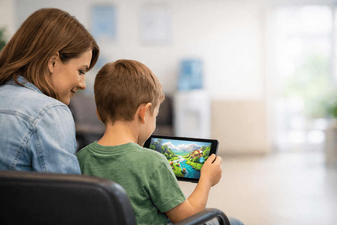 Мама и ребенок играют на планшете в зоне ожидания у врача